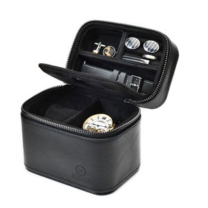 Horlogereisetui voor bruidsjonkers Leren horlogekast Reishorlogedoos Leren horloge en sieraden Reisetui voor heren Zwart Cadeau voor mannen - Mirage