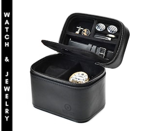 Leather Watch Travel Case, Jewelry Organizer for Travel - Watch Band and Formal Accessories Storage Box - Obsidian Black (Personalized)