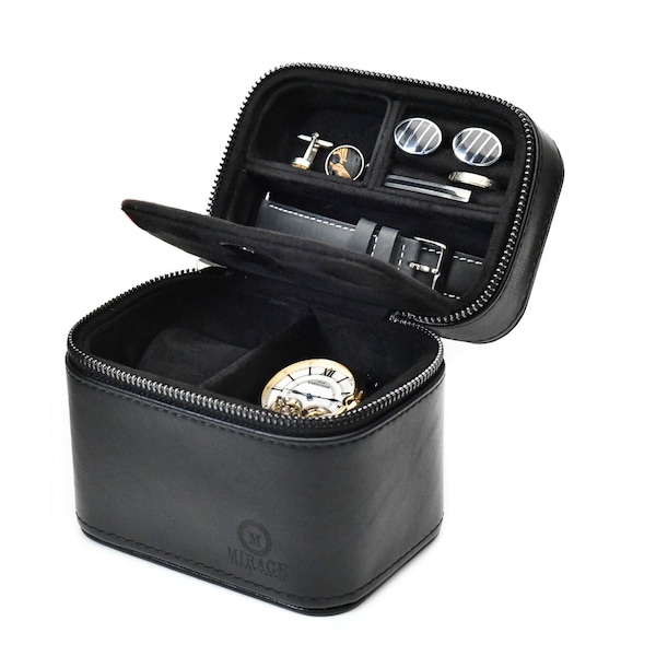 Étui de voyage en cuir pour montre, organiseur de bijoux pour le voyage - Bracelet de montre et boîte de rangement pour accessoires de cérémonie - Noir obsidienne (personnalisé)