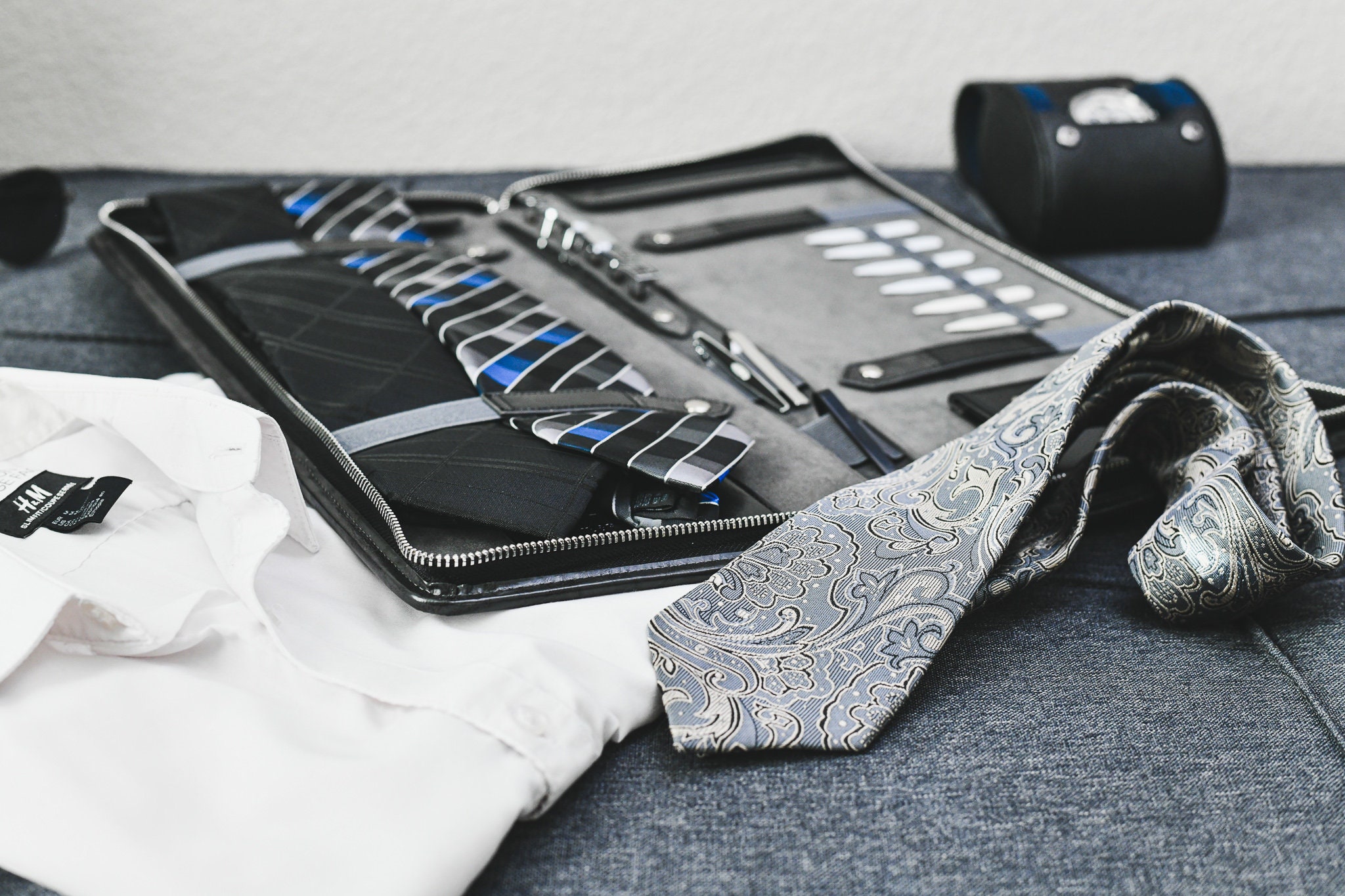 Tie Travel Case Organizer with Storage Pocket for Cufflinks, Collar Stays slots, Lapels, and other - Vegan Leather Slate Black Swiss Mortif