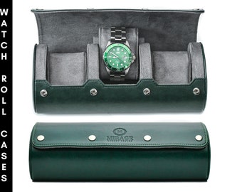 Watch Roll Travel Case - Watch Case for Men and Women -3 Watch Display Case Organizer and Storage (Personalized) - ROYAL GREEN - Swiss Motif