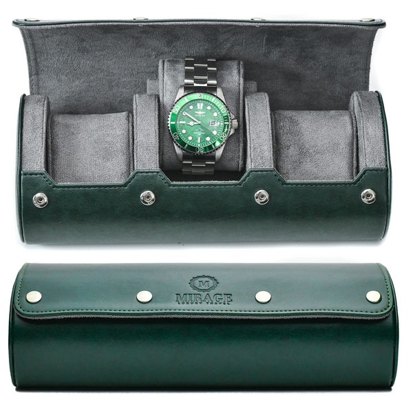 Watch Roll Travel Case - Watch Case for Men and Women -3 Watch Display Case Organizer and Storage (Personalized) - ROYAL GREEN - Swiss Motif