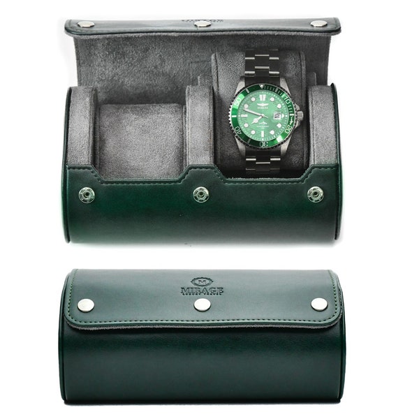 Watch Roll Travel Case - Watch Case for Men and Women - 2 Watch Display Case Organizer and Storage (Personalized) - ROYAL GREEN -Swiss Motif