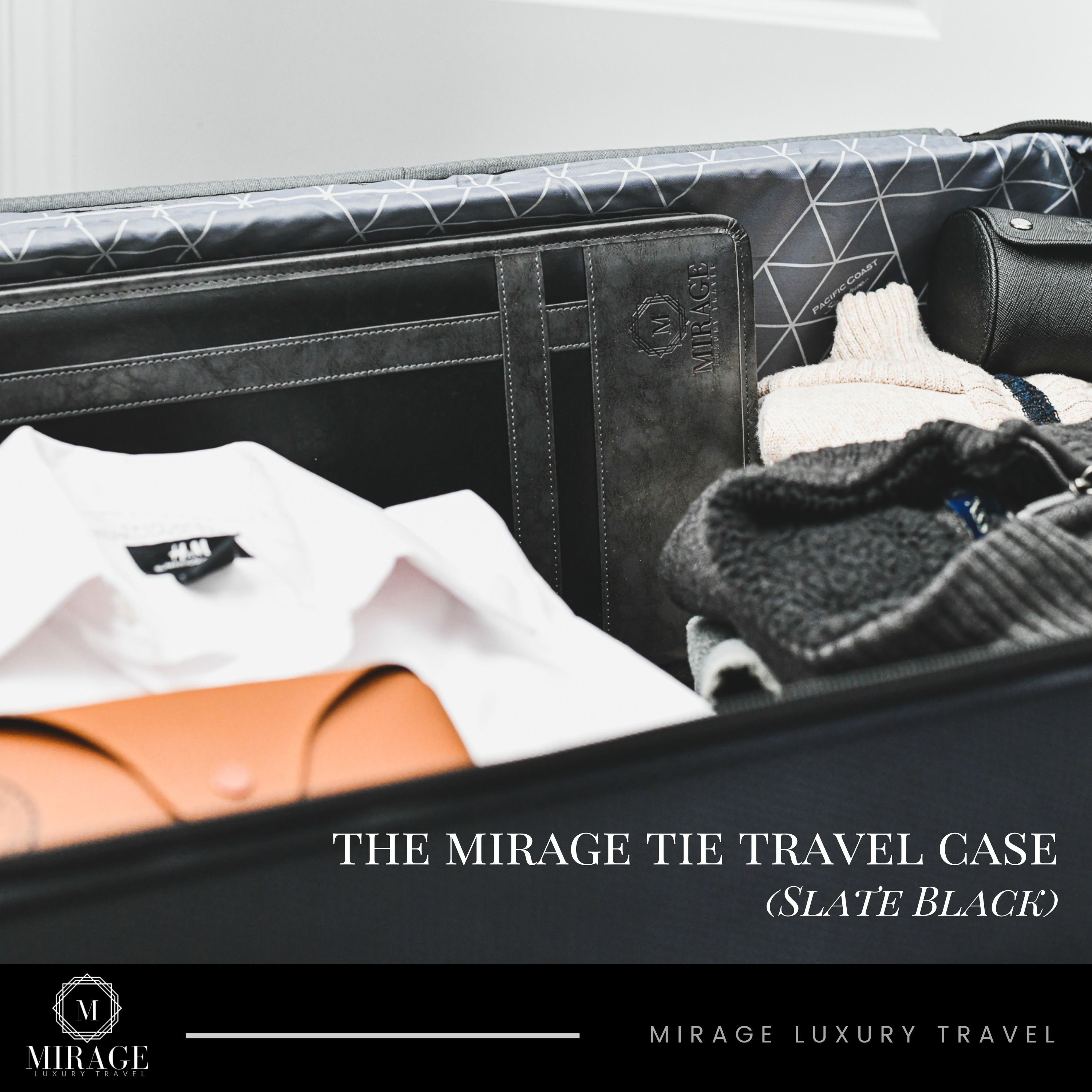 Tie Travel Case Organizer with Storage Pocket for Cufflinks, Collar Stays slots, Lapels, and other - Vegan Leather Slate Black Swiss Mortif