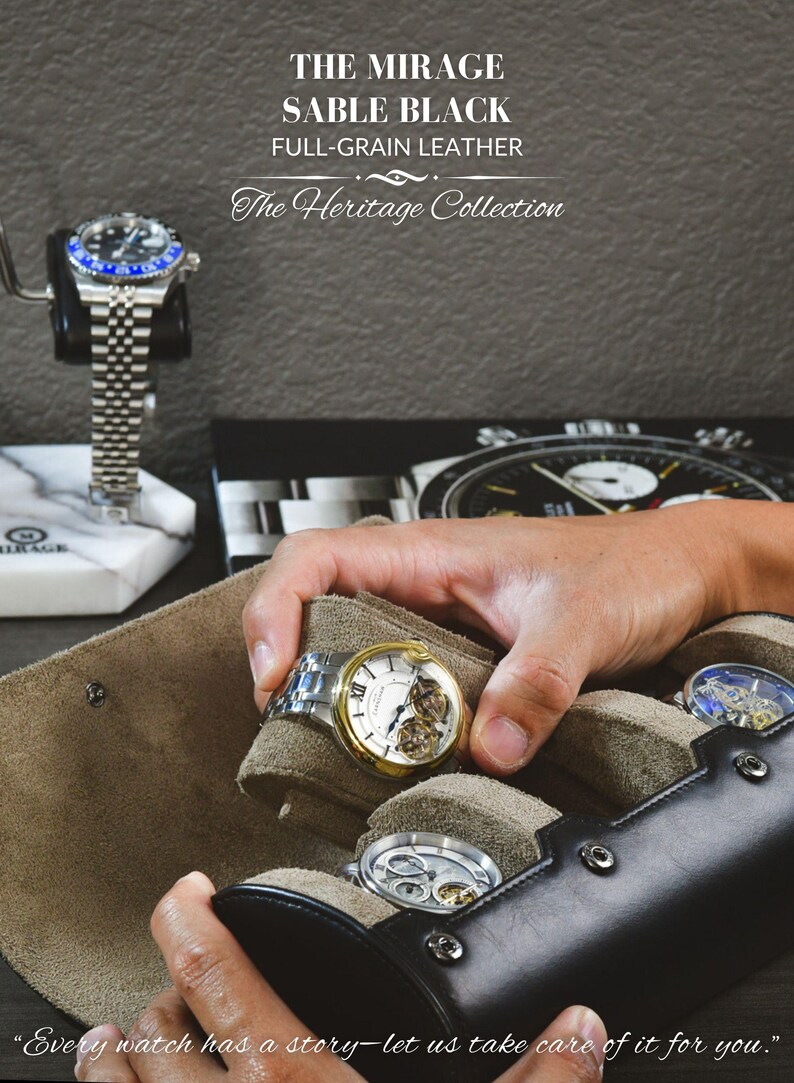 Puede incluir: Primer plano de una colecci&oacute;n de relojes, incluyendo un reloj de pulsera dorado y plateado con esfera blanca y mecanismos visibles. La imagen muestra el texto "THE MIRAGE SABLE BLACK FULL-GRAIN LEATHER The Heritage Collection". Tambi&eacute;n se ve la cita "Every watch has a story-let us take care of it for you."