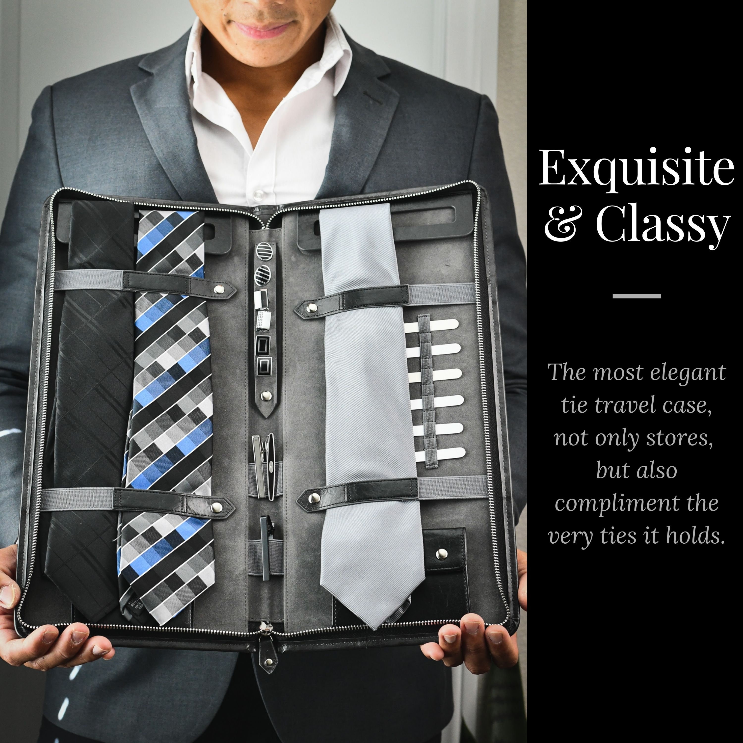 Tie Travel Case Organizer with Storage Pocket for Cufflinks, Collar Stays slots, Lapels, and other - Vegan Leather Slate Black Swiss Mortif