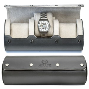 Watch Travel Case 3 Slot Watch Roll Organizer and Storage Vegan Leather Slate Gray White Interior Swiss Motif Personalized