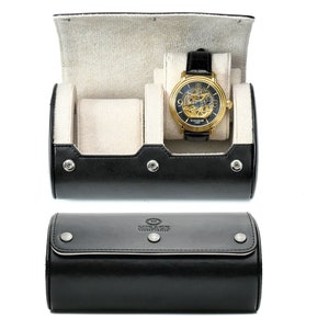 Travel Watch Case 2 Watch Roll Case Organizer 2 Watch Case Travel for Men Leather Watch Roll Gift for Men Deep Black and White Swiss Design