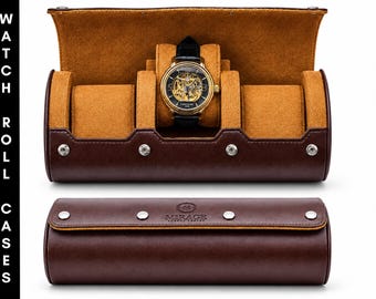 Horlogerolhouder/opbergdoos voor horloges, geschikt voor op reis, voor mannen en vrouwen, display- en opbergdoos voor 3 horloges, espressobruin veganistisch leer, ideaal cadeau voor mannen.