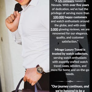Puede incluir: Una persona con camisa blanca y gorra negra, sosteniendo un bolso negro y una chaqueta. Se ve un reloj de lujo con correa de cuero marr&oacute;n. La imagen incluye el logotipo y texto de Mirage Luxury Travel.