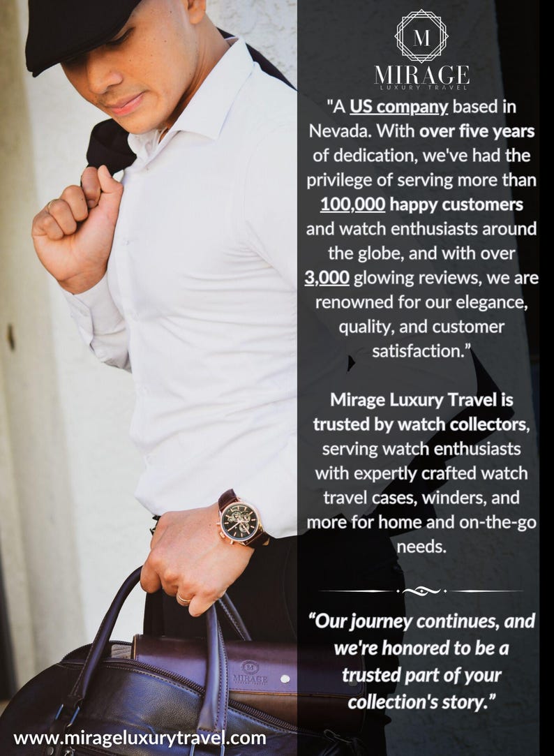 Puede incluir: Una persona con camisa blanca y gorra negra, sosteniendo un bolso negro y una chaqueta. Se ve un reloj de lujo con correa de cuero marr&oacute;n. La imagen incluye el logotipo y texto de Mirage Luxury Travel.