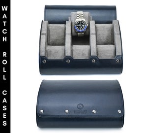 6 Uhrenbox - Uhrenetui Organizer Reise-Accessoire für Herren - Uhrenrolle (personalisiert) - The Mirage Midnight Blue Leather Finish
