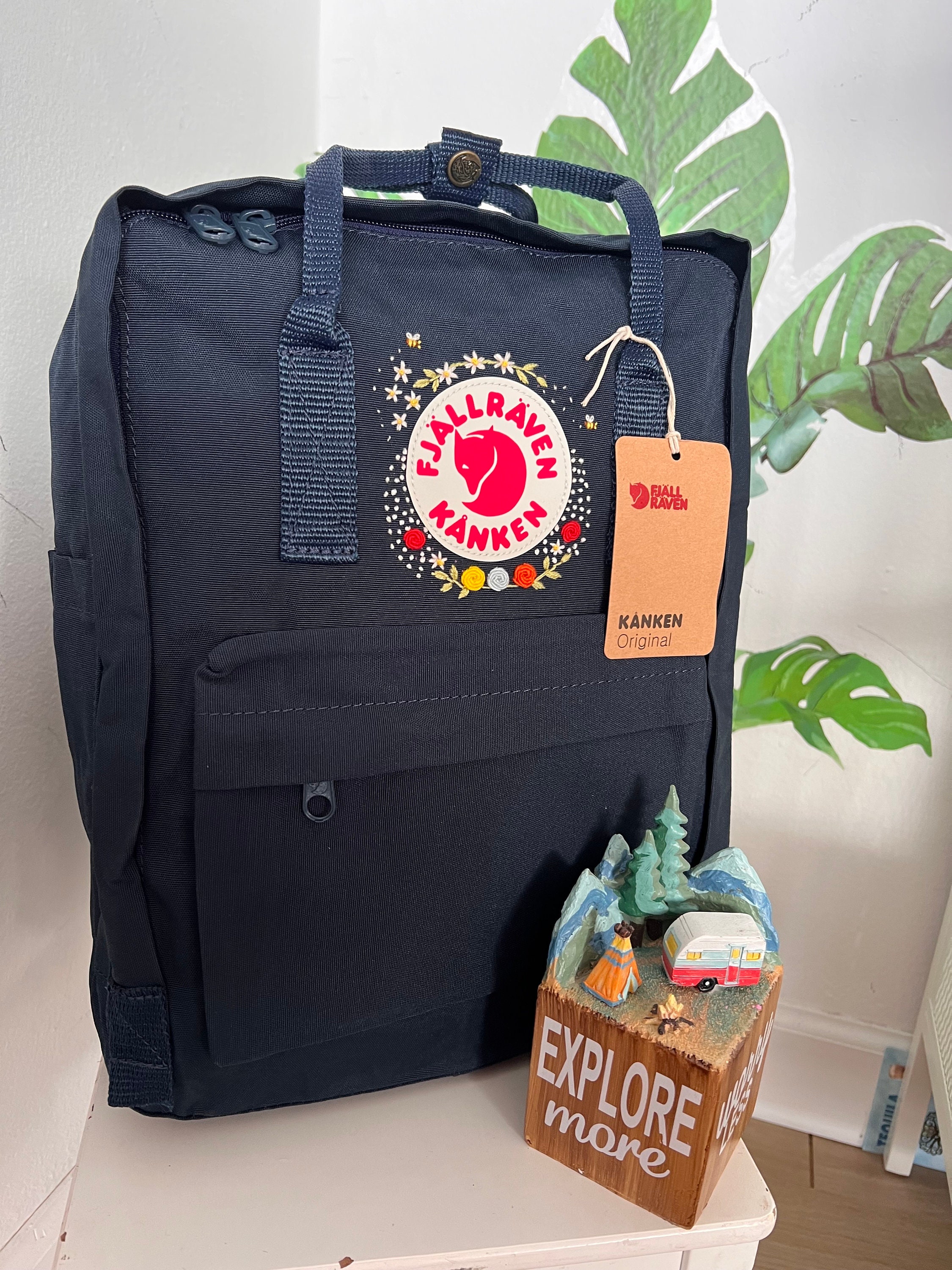 Fjallraven Kanken Embroidery Backpack Handmade Leather Straps Blue Navy Etsy