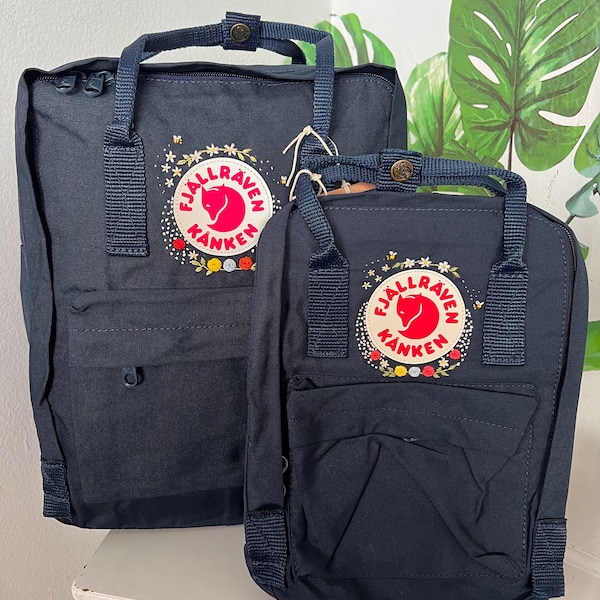 Fjallraven kanken embroidery backpack handmade leather straps blue navy