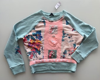 Upcycled hoodie - sweatshirt made with  th patches , size xxs aqua , multicolor reworked piece