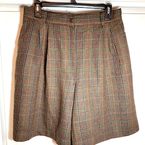 Vintage 90s brown plaid wool high waist pleat front shorts