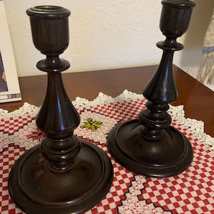 Vintage 1940s turned wood candlestick holders- set of 2