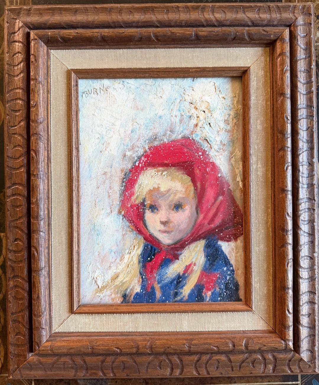 Vintage Framed Oil Painting -portrait of Girl in Red Scarf by Burne - Etsy