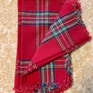 Vintage red tartan plaid cotton napkins with gold thread and fringe -set of 10