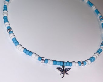 Light Blue and White pattern Beaded Crystal Butterfly Charm Choker Necklace