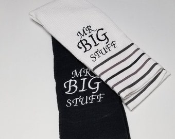 Mr Big Stuff embroidered hand towels with straps for kitchen, set of 2