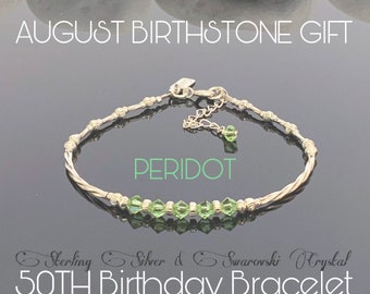 50th Birthday Gift For Women, Peridot Bracelet, Sterling Silver & Swarovski, August Birthstone Jewelry, Gift For Women Idea, custom