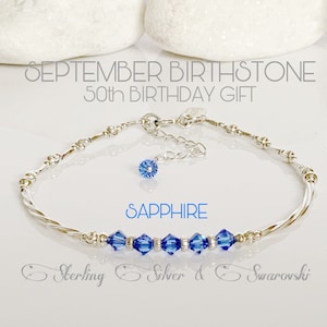 50th Birthday Gift For Women, September Birthstone, Sapphire Bead Bracelet, Sterling Silver & Swarovski, Custom Mum Sister Best Friend Gifts