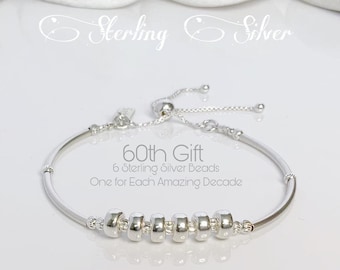 60th Birthday Gifts For Women, Sterling Silver Beaded Bracelet, Statement Jewelry, Grandma Gift, Best Friend Idea, Personalized  Mum Mom.