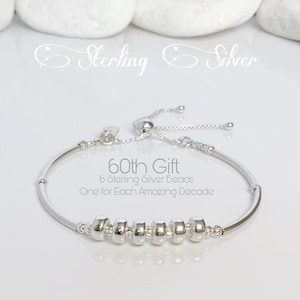 Cadeaux pour 60e anniversaire pour femme, bracelet de perles en argent sterling, bijoux tendance, cadeau de grand-mère, idée meilleure amie, maman maman personnalisée.