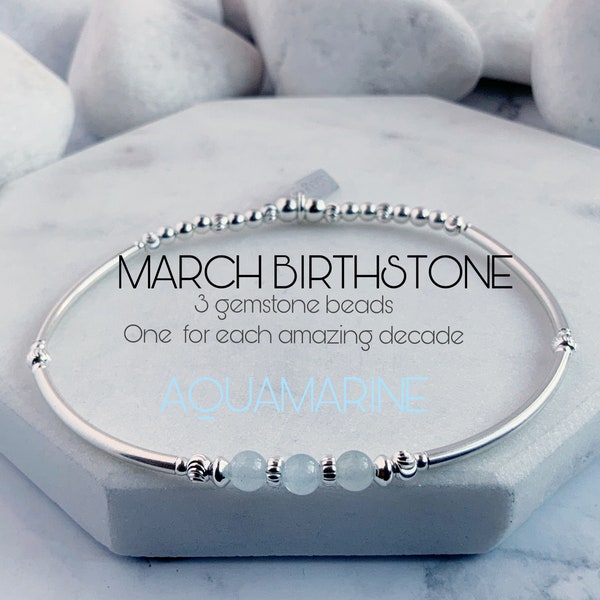 30th Birthday Gift For Her, Aquamarine & Sterling Silver Stretch Bangle Style, March Birthstone Bracelet, 30th Birthday Best Friend Gift