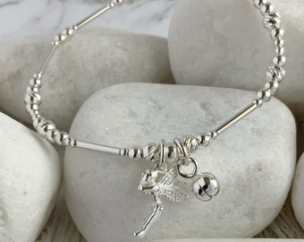 Sterling Silver Fairy Charm Bracelet: Beaded Stretch Stacking Jewelry