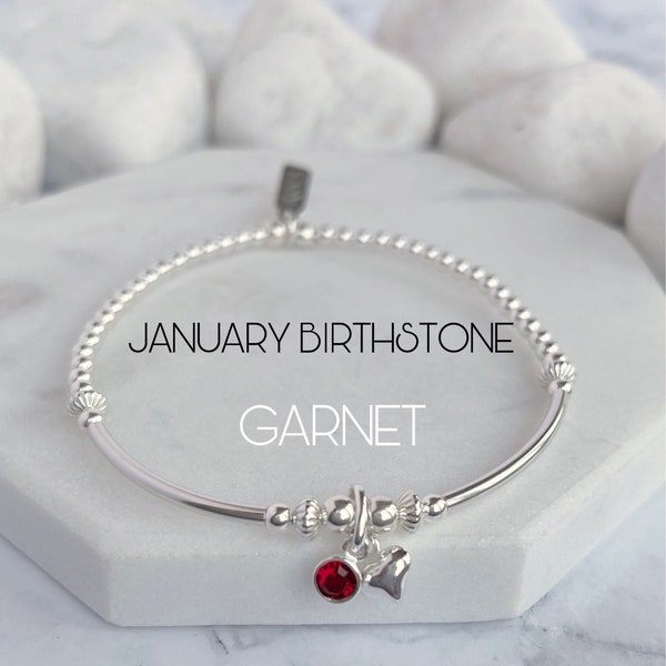Sterling Silver January Birthstone Bracelet - Garnet Cubic Zirconia Heart Charm for Women