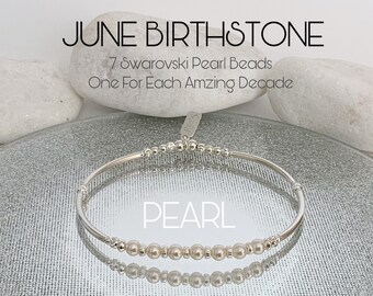 70th Birthday Gift For Women, June Birthstone Bracelet, Sterling Silver & Swarovski Pearl , Stretch Bangle Style, Grandma Nan Gran, Custom