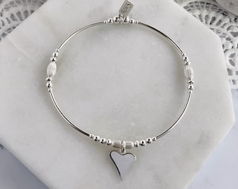 Sterling Silver Heart Charm Bracelet: Beaded Stretch Bangle