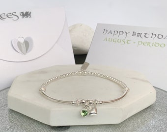 August Birthstone Jewellery, Peridot Bracelet Sterling Silver, Best Friend Gift Idea, Sister Mum Custom, Puff Heart Charm, Stretch Bangle