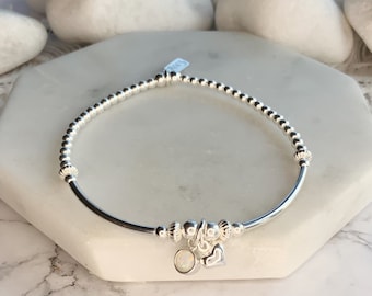 Opal Birthstone Charm Bracelet: Sterling Silver Stretch Bangle with CZ Heart for October Birthday