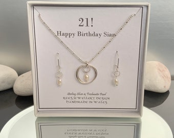 21st Birthday Pearl Necklace & Earrings Set: Sterling Silver June Birthstone