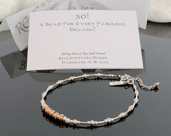 50th Birthday Bracelet: Sterling Silver & Rose Gold Vermeil, Milestone Jewelry