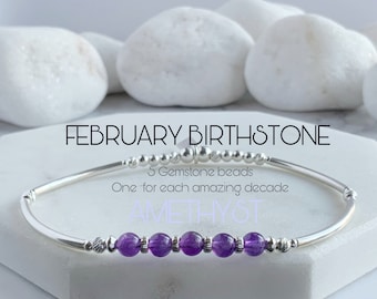 50th Birthday Gift For Women, Amethyst & Sterling Silver Stretch Bangle Style, February Birthstone Bracelet, 50th Birthday Best Friend, Wife