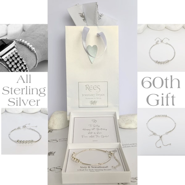 60th Birthday Gifts For Women, Sterling Silver Beaded Bracelet, Statement Jewelry, Grandma Gift, Best Friend Idea, Personalized  Mum Mom.