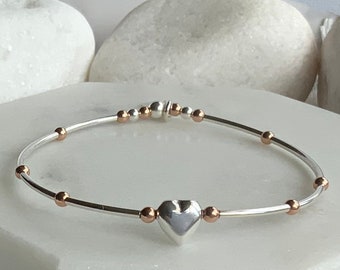 Sterling Silver Heart Bracelet: Rose Gold Beaded Bangle