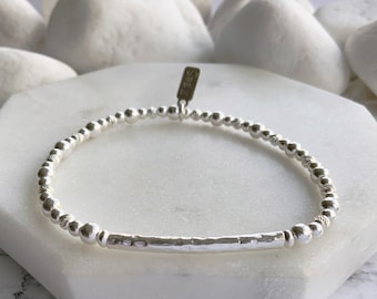 Sterling Silver Tube Bracelet: Hammered Bead Bangle, Minimalist Jewelry