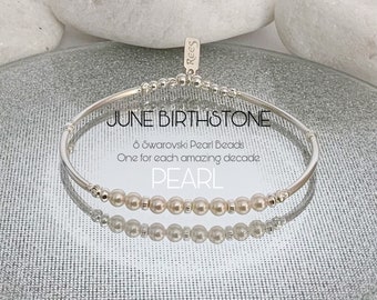 80th Birthday Gift For Women, June Birthstone Bracelet, Sterling Silver & Swarovski Pearl , Stretch Bangle Style, Grandma Nan Gran, Custom
