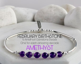 60th Birthday Gift For Women, Amethyst & Sterling Silver Stretch Bangle Style, February Birthstone Bracelet, 60th Birthday Best Friend Mum