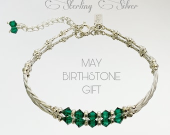 50th Birthday Gift For Women, Stering Silver, May Birthstone Emerald, Crystal Bracelet,  Best Friend Gift Idea, Custom, 5th anniversary