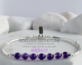 70th Birthday Amethyst Bracelet: Sterling Silver Bangle, February Birthstone