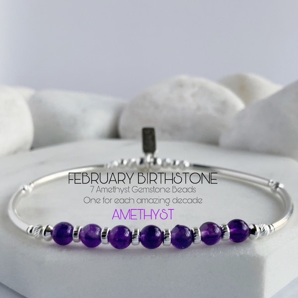 70th Birthday Gift For Women, Amethyst & Sterling Silver, Stretch Bangle Style, February Birthstone Bracelet, 70th Birthday Friend Mum Gran