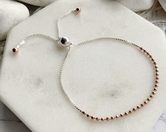 Elegant Rose Gold Vermeil Adjustable Slider Bracelet - Sterling Silver Minimalist Layering Jewellery Personalised Giftwrap