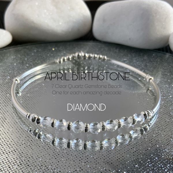 70th Birthday Gift For Women, April Birthstone, Sterling Silver Clear Quartz Gemstone, Birthstone bracelet for Grandma, Mum Sister , Custom