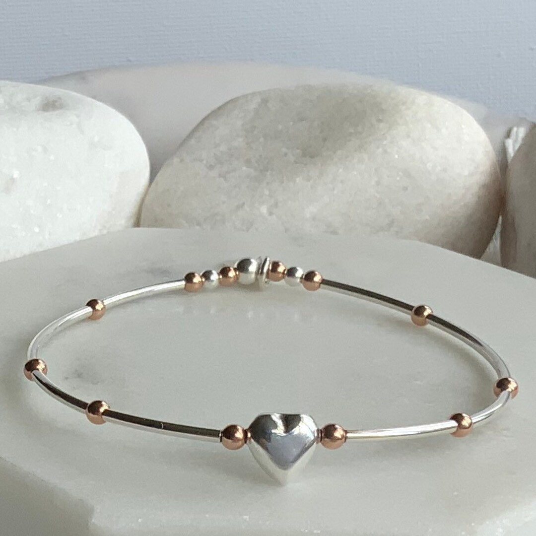 Sterling Silver & Rose Gold Beaded Heart Bracelet Stetch Etsy